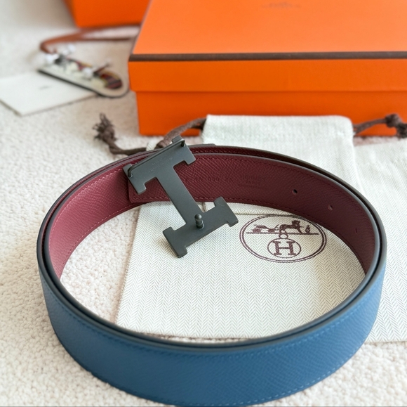 Men's Hermes Blue/red Reversible Leather Belt - Picture 4 of 9